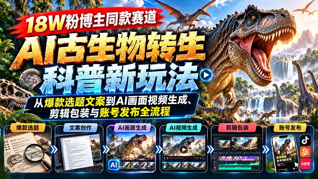 18W粉博主同款赛道-AI古生物转生科普新玩法：从爆款选题文案到AI画面视频生成、剪辑包装与账号发布全流程-云创网