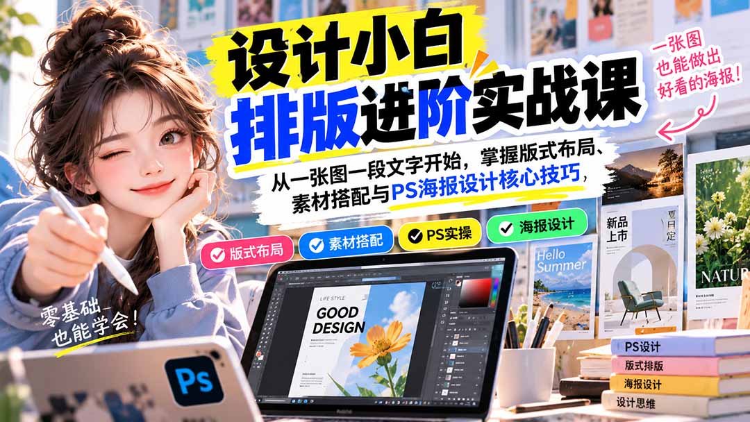设计小白排版进阶实战课：从一张图一段文字开始，掌握版式布局、素材搭配与PS海报设计核心技巧-云创网