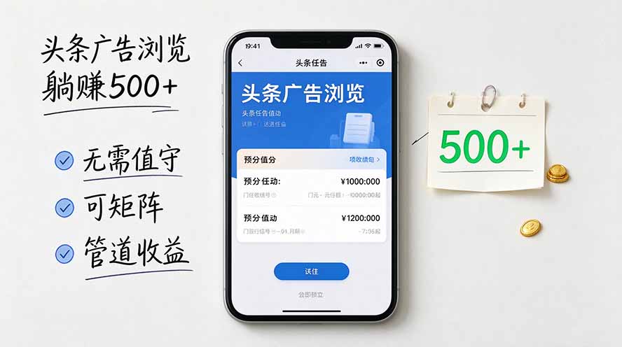 头条广告浏览躺赚500+无需值守，可矩阵并附有管道收益-云创网