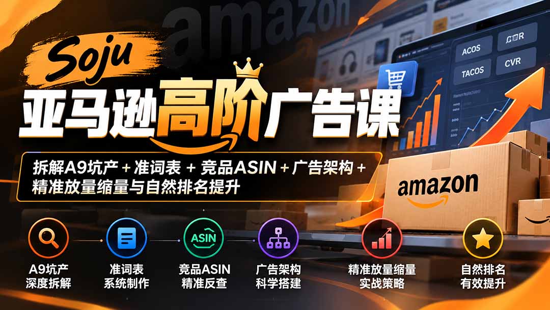 Soju亚马逊高阶广告课：拆解A9坑产+准词表+竞品ASIN+广告架构+精准放量缩量与自然排名提升-云创网