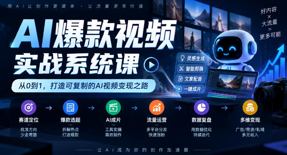 AI爆款视频实战系统课｜赛道定位、爆款选题、AI成片、流量运营、数据复盘、多维变现全链路教学-云创网