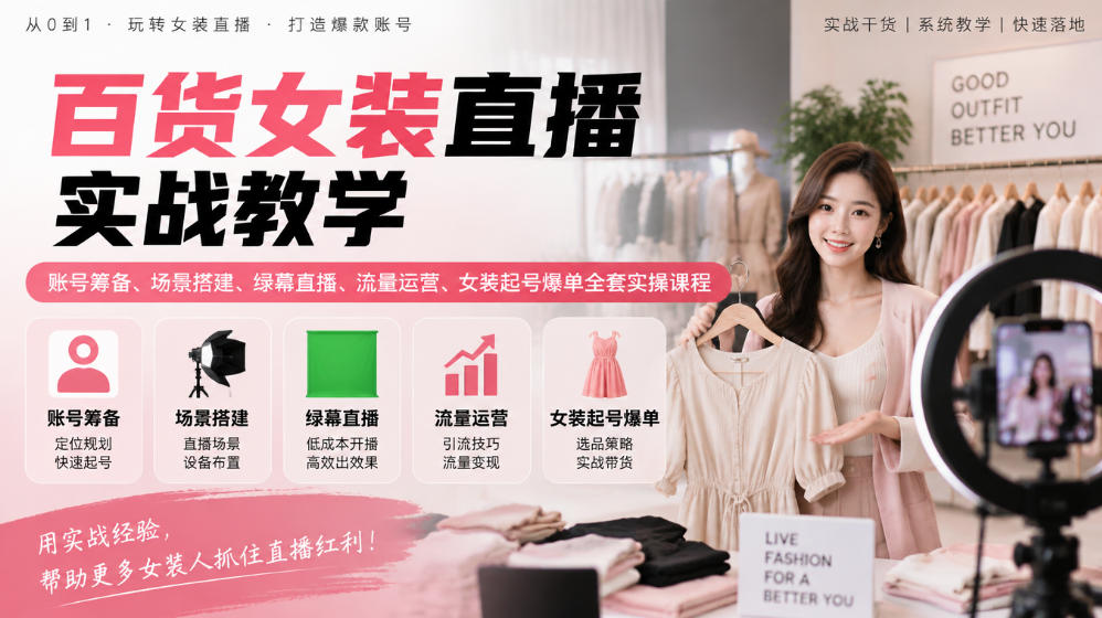 百货女装直播实战教学｜账号筹备、场景搭建、绿幕直播、流量运营、女装起号爆单全套实操课程-云创网