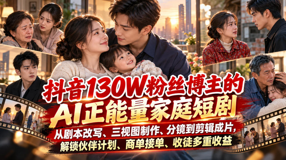 抖音130W粉丝博主的AI正能量家庭短剧，从剧本改写、三视图制作、分镜到剪辑成片，解锁伙伴计划、商单接单、收徒多重收益(更新1007)-云创网