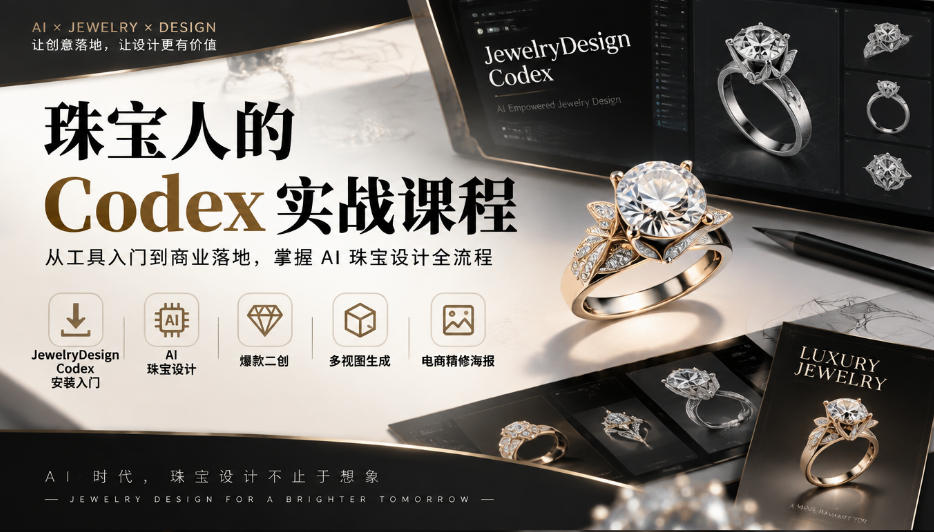 珠宝人的Codex实战课程｜JewelryDesign Codex安装入门、AI珠宝设计、爆款二创、多视图生成、电商精修海报全链路教学-云创网