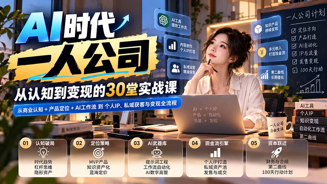 【无水印】AI时代一人公司30堂实战课：从商业认知+产品定位+AI工作流到个人IP、私域获客与变现全流程-云创网