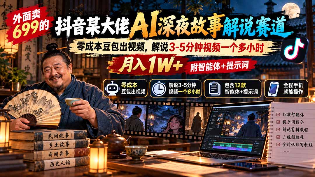 外面卖699抖音某大佬AI深夜故事解说赛道-更新：0成本豆包出视频+解说3-5分钟视频一个多小时，月入1W+附智能体+提示词-云创网