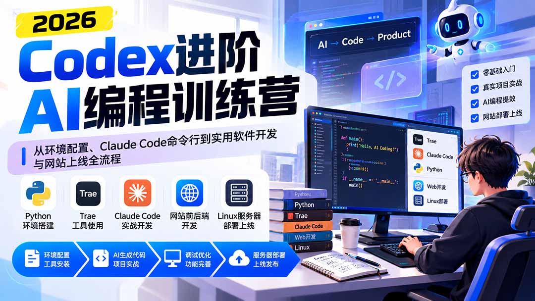 Codex进阶AI编程训练营：从环境配置、Claude Code命令行到实用软件开发与网站上线全流程-云创网