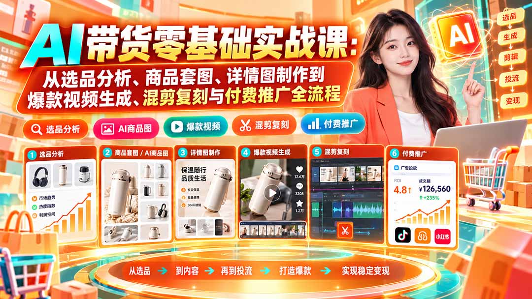 AI带货零基础实战课：从选品分析、商品套图、详情图制作到爆款视频生成、混剪复刻与付费推广全流程-云创网