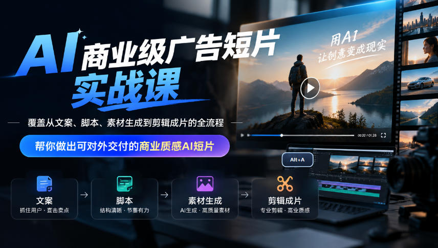 AI商业级广告短片实战课，覆盖从文案、脚本、素材生成到剪辑成片的全流程，帮你做出可对外交付的商业质感AI短片-云创网