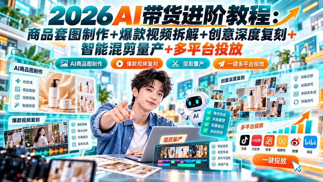 2026AI带货进阶教程：商品套图制作+爆款视频拆解+创意深度复刻+智能混剪量产+多平台投放-云创网
