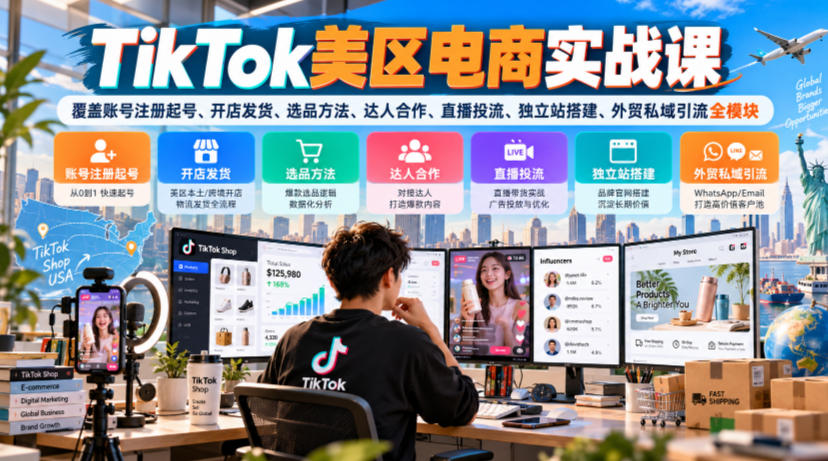TikTok美区电商实战课，覆盖账号注册起号、开店发货、选品方法、达人合作、直播投流、独立站搭建、外贸私域引流全模块-云创网