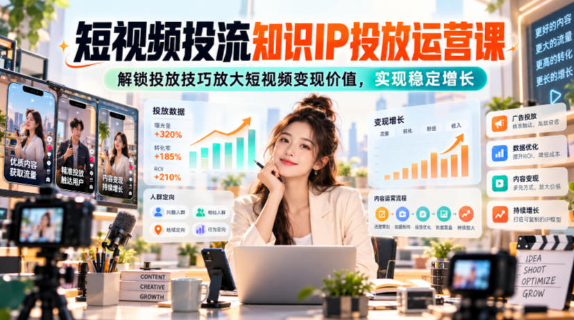 短视频投流知识IP投放运营课，解锁投放技巧放大短视频变现价值，实现稳定增长-云创网