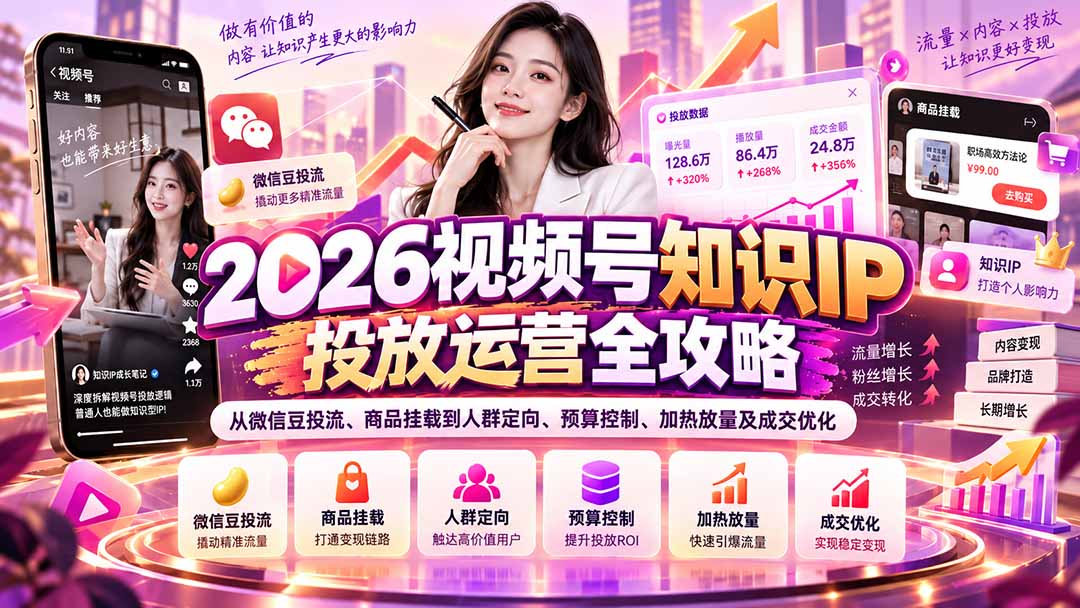 2026视频号知识IP投放运营全攻略：从微信豆投流、商品挂载到人群定向、预算控制、加热放量及成交优化-云创网