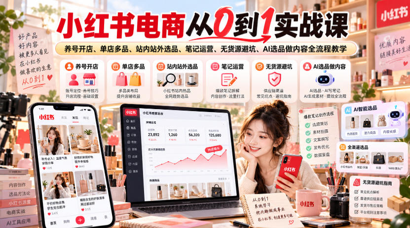 小红书电商从0到1实战课｜养号开店、单店多品、站内站外选品、笔记运营、无货源避坑、AI选品做内容全流程教学-云创网