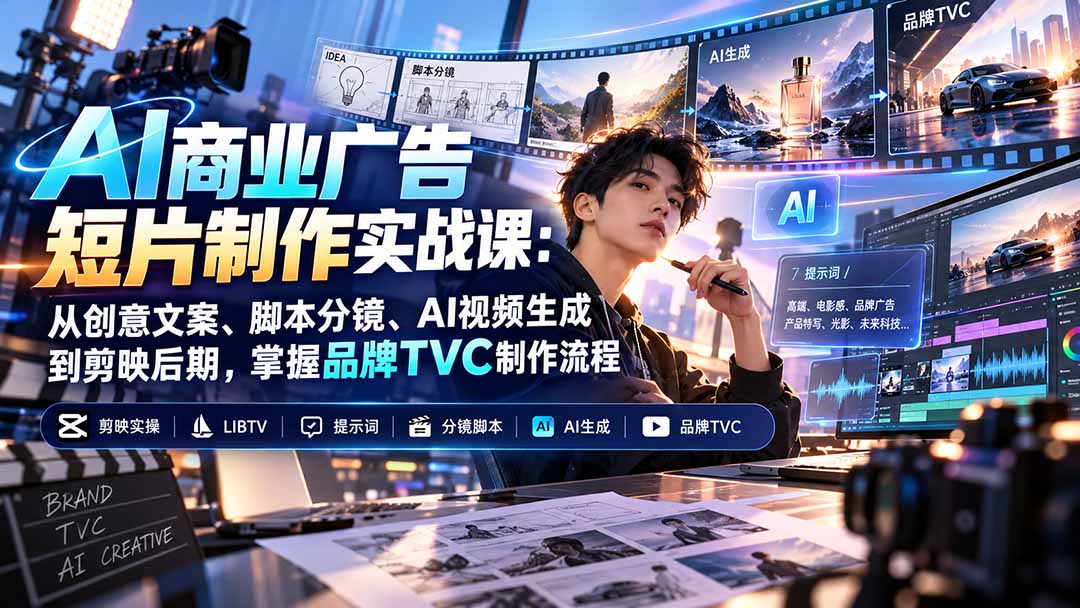 AI商业广告短片制作实战课：从创意文案、脚本分镜、AI视频生成到剪映后期，掌握品牌TVC制作流程-云创网
