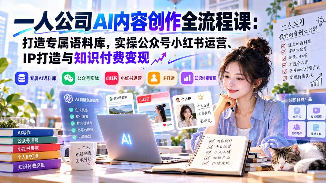 一人公司AI内容创作全流程课：打造专属语料库，实操公众号小红书运营、IP打造与知识付费变现方法论-云创网