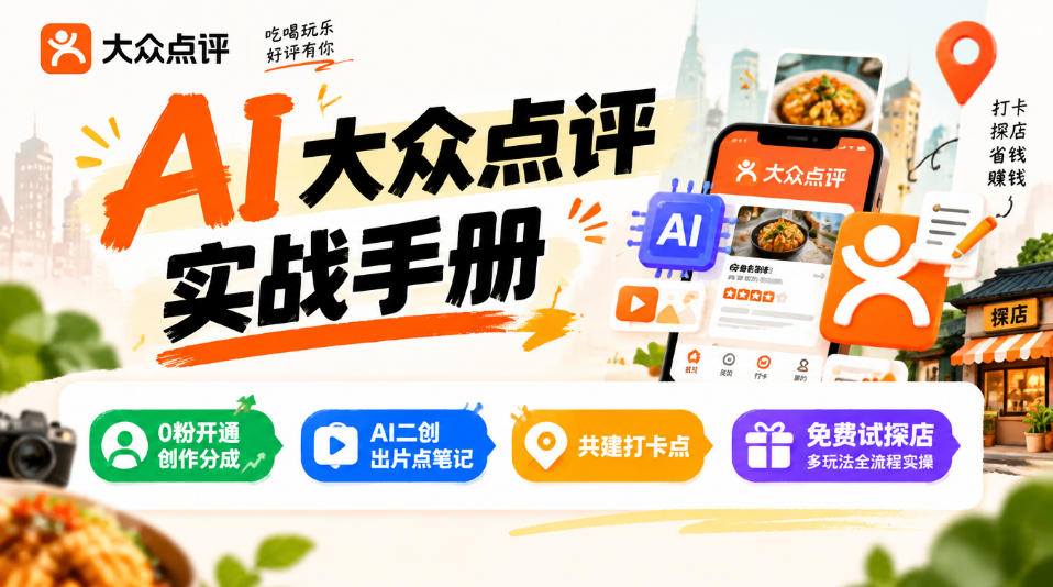 某局的AI大众点评实战手册，0粉开通创作分成、AI二创出片点笔记、共建打卡点、免费试探店多玩法全流程实操-云创网