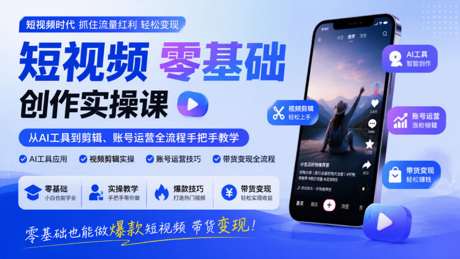 短视频零基础创作实操课，从AI工具到剪辑、账号运营全流程手把手教学，零基础也能做爆款短视频带货变现-云创网