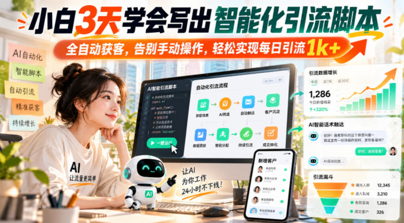 小白3天学会写出智能化引流脚本，全自动获客，告别手动操作，轻松实现每日引流1k+-云创网