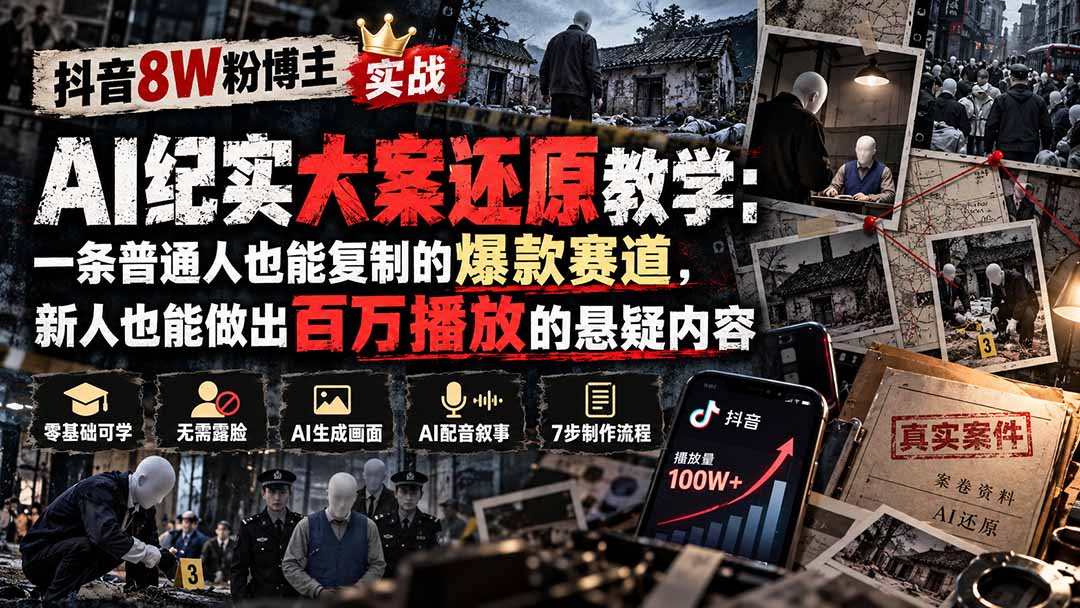 抖音8W粉博主AI纪实大案还原教学：一条普通人也能复制的爆款赛道，新人也能做出百万播放的悬疑内容-云创网