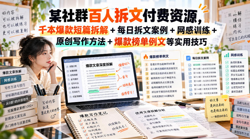 (无水印)某社群百人拆文付费资源，千本爆款短篇拆解+每日拆文案例+网感训练+原创写作方法+爆款榜单例文等实用技巧(更新1009)-云创网