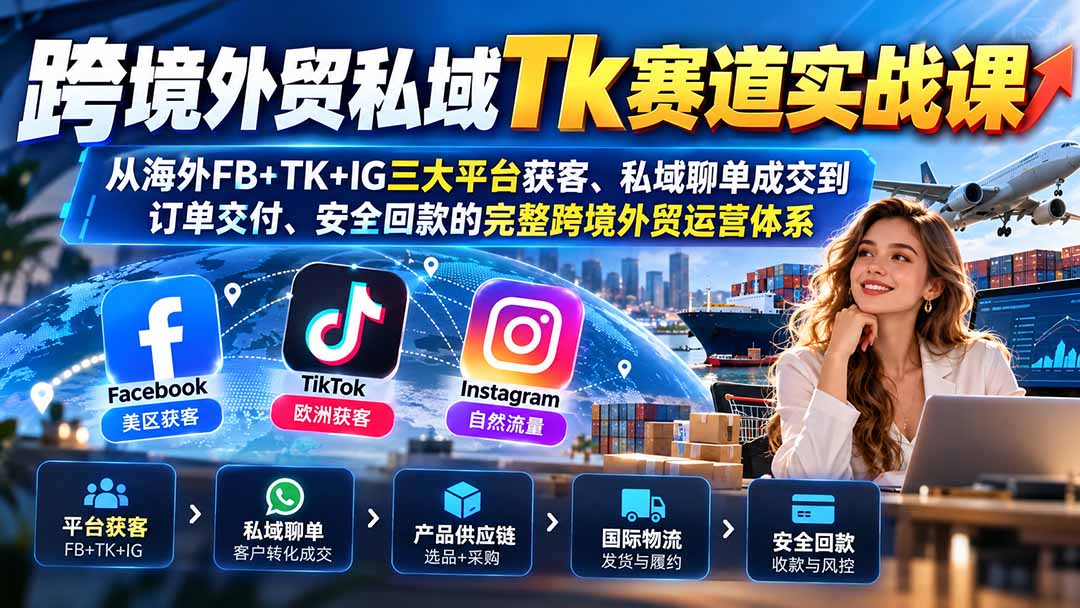 跨境外贸私域Tk赛道实战课：从海外FB+TK+IG三大平台获客、私域聊单成交到订单交付、安全回款的完整跨境外贸运营体系-云创网