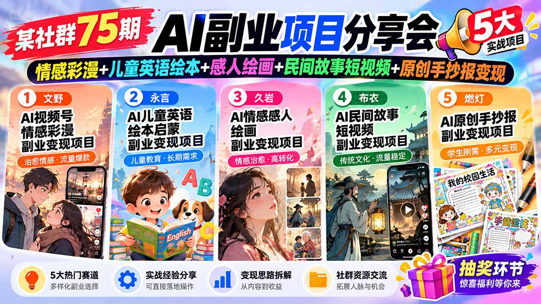 某社群75期AI副业项目分享会：情感彩漫+儿童英语绘本+感人绘画+民间故事短视频+原创手抄报变现-云创网