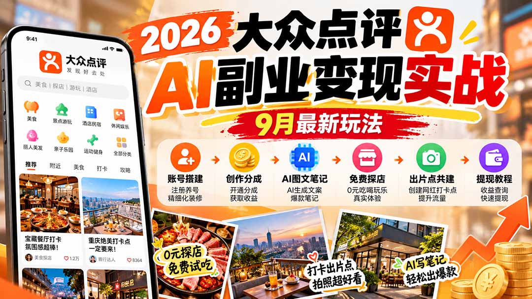 2026大众点评AI副业变现实战9月最新玩法：账号搭建+创作分成+AI图文笔记+免费探店+出片点共建与提现教程-云创网