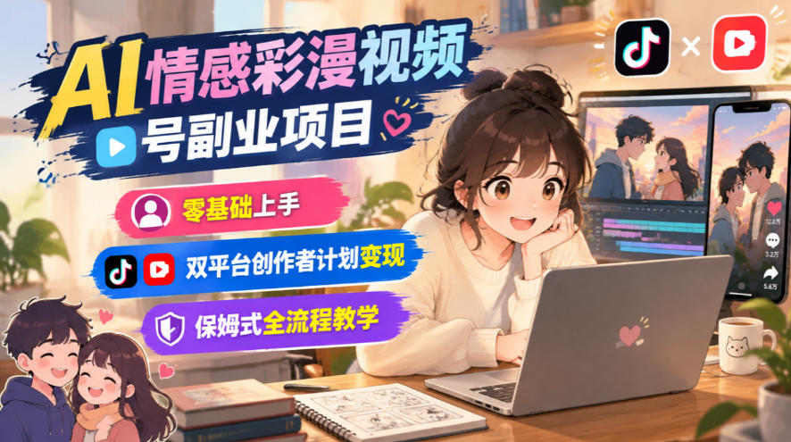 AI情感彩漫视频号副业项目，零基础上手，双平台创作者计划变现，保姆式全流程教学-云创网