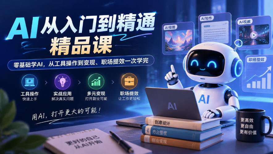AI从入门到精通精品课，零基础学AI，从工具操作到变现、职场提效一次学完-云创网