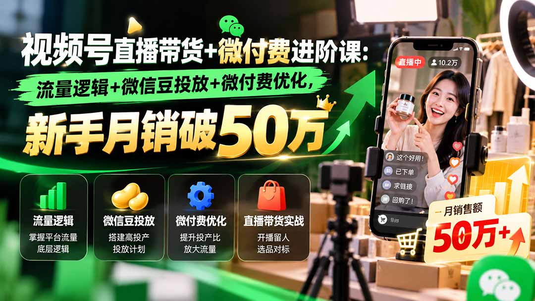 视频号直播带货+微付费进阶课-更新1010：流量逻辑+微信豆投放+微付费优化，新手月销破50万-云创网
