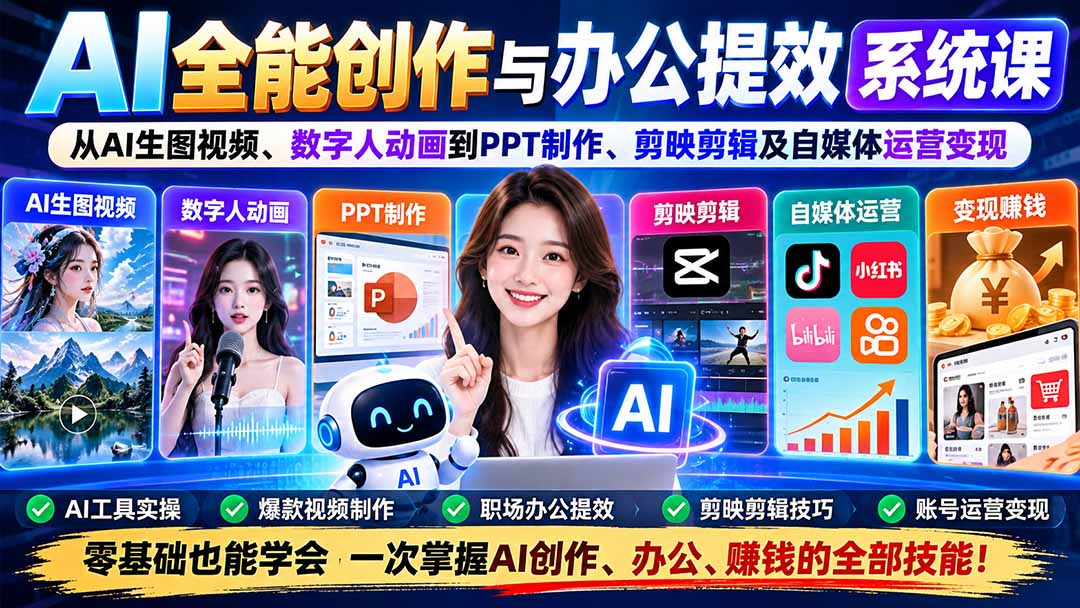 AI全能创作与办公提效系统课：从AI生图视频、数字人动画到PPT制作、剪映剪辑及自媒体运营变现-云创网