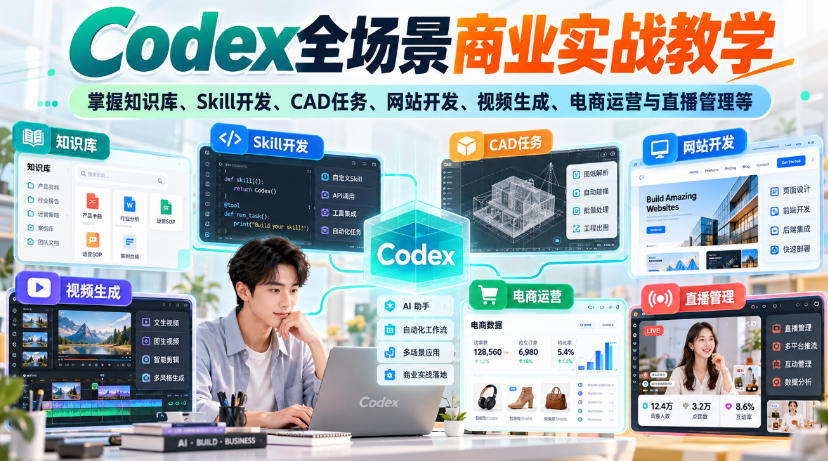 Codex全场景商业实战教学，掌握知识库、Skill开发、CAD任务、网站开发、视频生成、电商运营与直播管理等(更新1010)-云创网