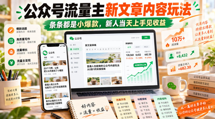 公众号流量主新文章内容玩法，条条都是小爆款，新人当天上手见收益-云创网