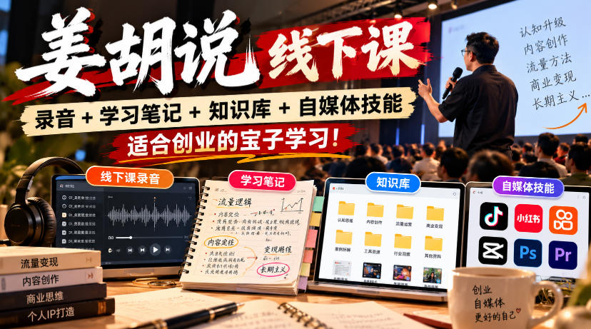 姜胡说线下课录音＋学习笔记＋知识库＋自媒体技能，​适合创业的宝子学习！-云创网