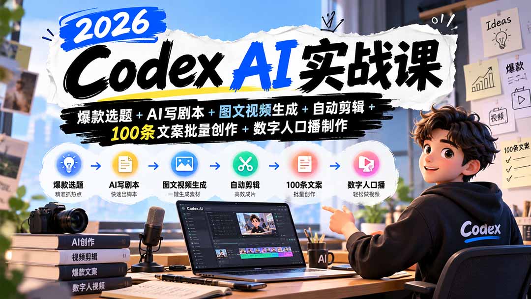2026Codex AI实战课：爆款选题+AI写剧本+图文视频生成+自动剪辑+100条文案批量创作+数字人口播制作-云创网