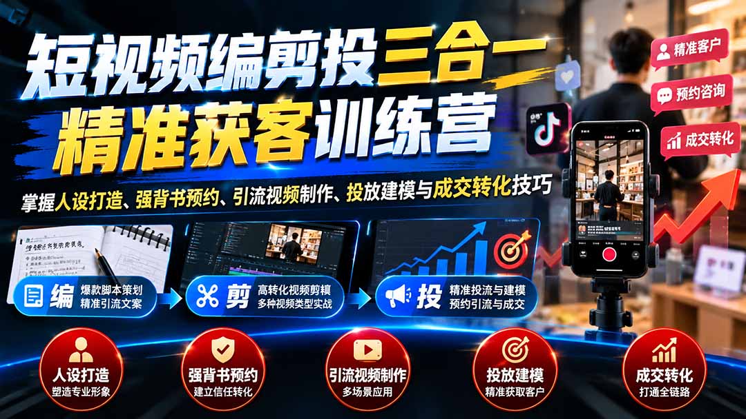 短视频编剪投三合一精准获客训练营：掌握人设打造、强背书预约、引流视频制作、投放建模与成交转化技巧-云创网