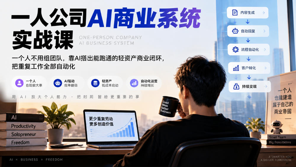 一人公司AI商业系统实战课，一个人不用组团队，靠AI搭出能跑通的轻资产商业闭环，把重复工作全部自动化-云创网