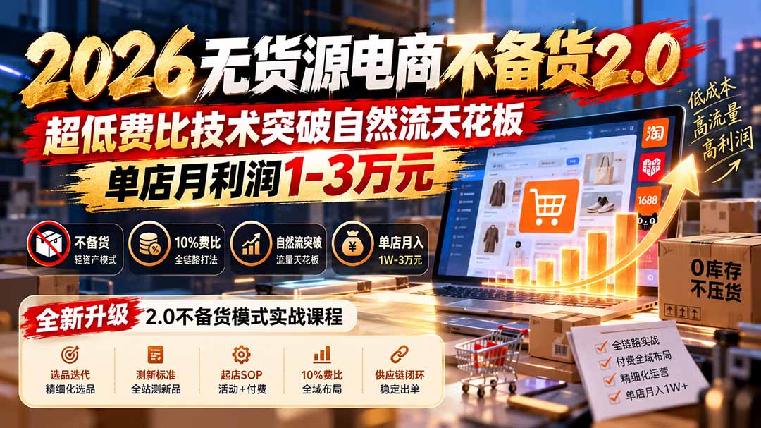 2026无货源电商不备货2.0【更新1010】：超低费比技术突破自然流天花板，单店月利润1-3万元-云创网