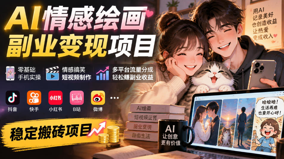 AI情感绘画副业变现项目｜零基础手机实操，情感搞笑短视频制作，多平台流量分成轻松賺副业收益-云创网