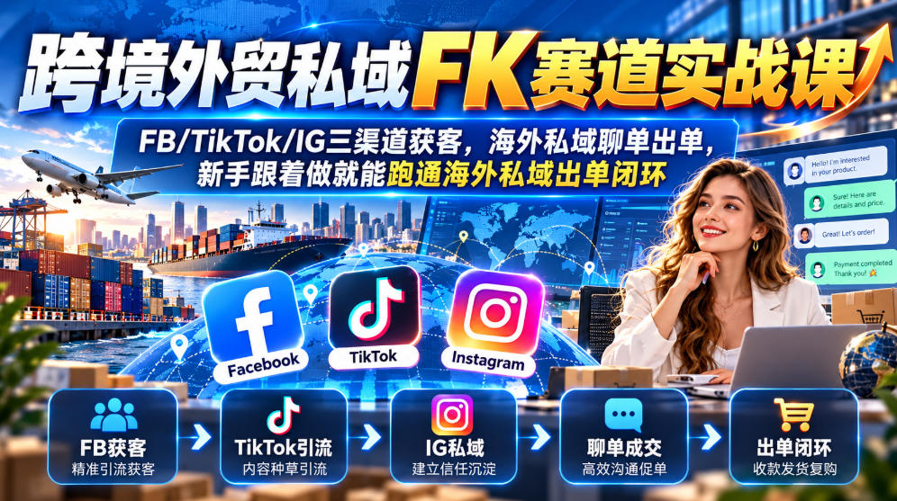 跨境外贸私域FK赛道实战课｜FB/TikTok/IG三渠道获客，海外私域聊单出单，新手跟着做就能跑通海外私域出单闭环-云创网