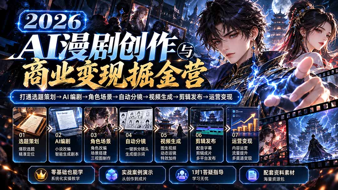 【无水印】2026AI漫剧创作与商业变现掘金营：打通选题→AI编剧→角色场景→自动分镜→视频生成→剪辑发布→运营变现-云创网