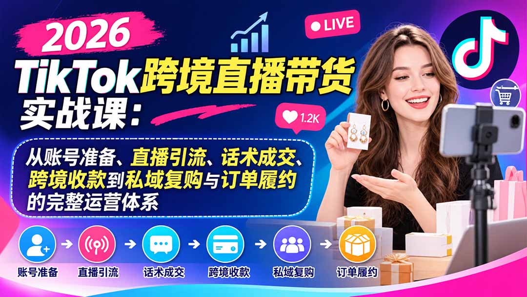2026TikTok跨境直播带货实战课：从账号准备、直播引流、话术成交、跨境收款到私域复购与订单履约的完整运营体系-云创网