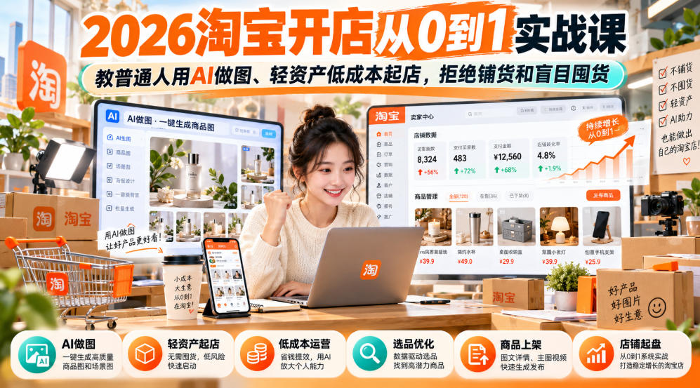 2026淘宝开店从0到1实战课，教普通人用AI做图、轻资产低成本起店，拒绝铺货和盲目囤货-云创网