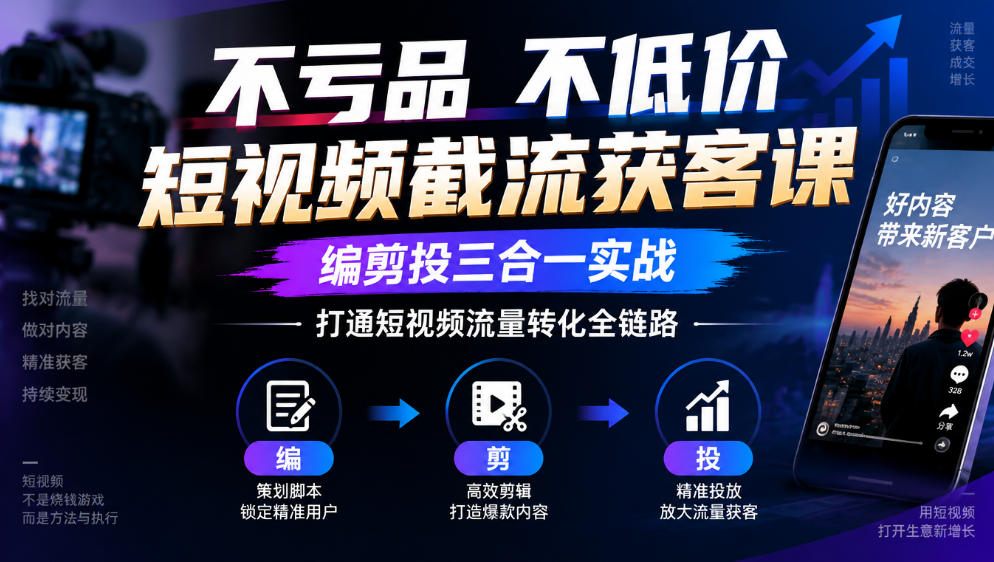 不亏品不低价短视频截流获客课，编剪投三合一实战，打通短视频流量转化全链路-云创网