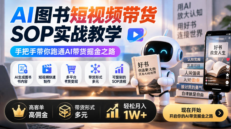 AI图书短视频带货SOP实战教学，手把手带你跑通AI带货掘金之路，高客单高佣金，带货形式多元，轻松月入1W+-云创网