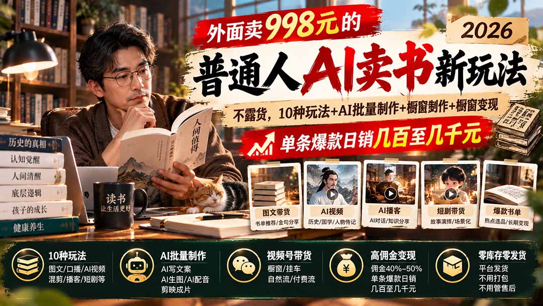 外面卖998元的2026普通人AI卖书新玩法：不露脸、不囤货，10种玩法+AI批量制作+橱窗变现，单条爆款日销几百至几千元-云创网