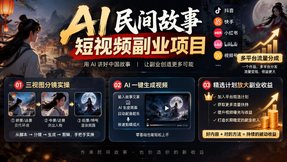 AI民间故事短视频副业项目，多平台流量分成，三视图分镜实操，精选计划放大副业收益-云创网