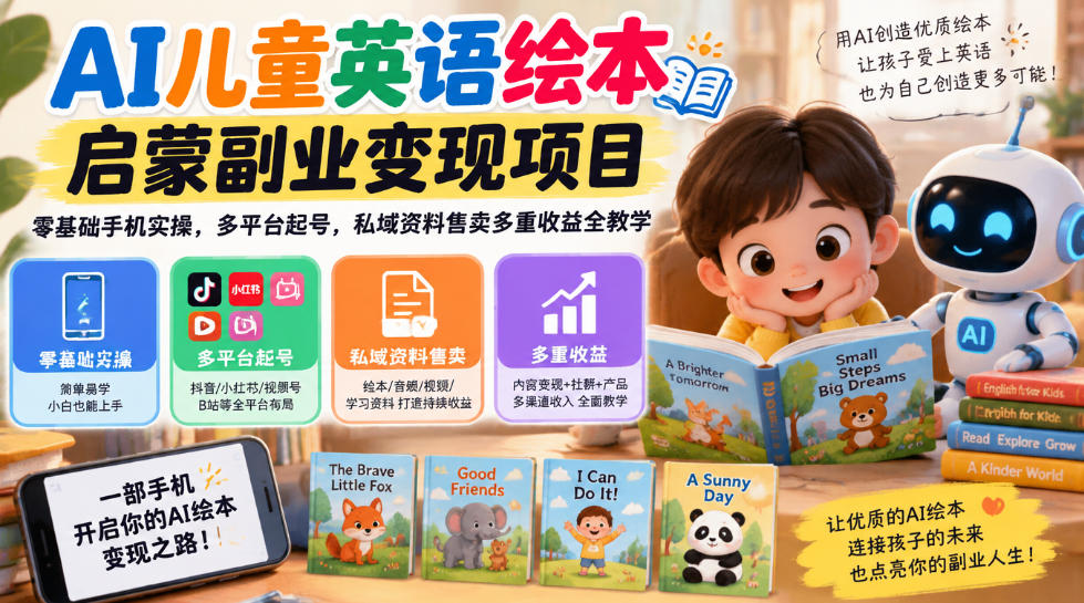AI儿童英语绘本启蒙副业变现项目，零基础手机实操，多平台起号，私域资料售卖多重收益全教学-云创网