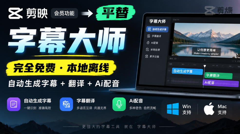 剪映会员功能平替，字幕大师完全免费本地离线，支持自动生成字幕+翻译+Ai配音，Win和Mac都支持！-云创网
